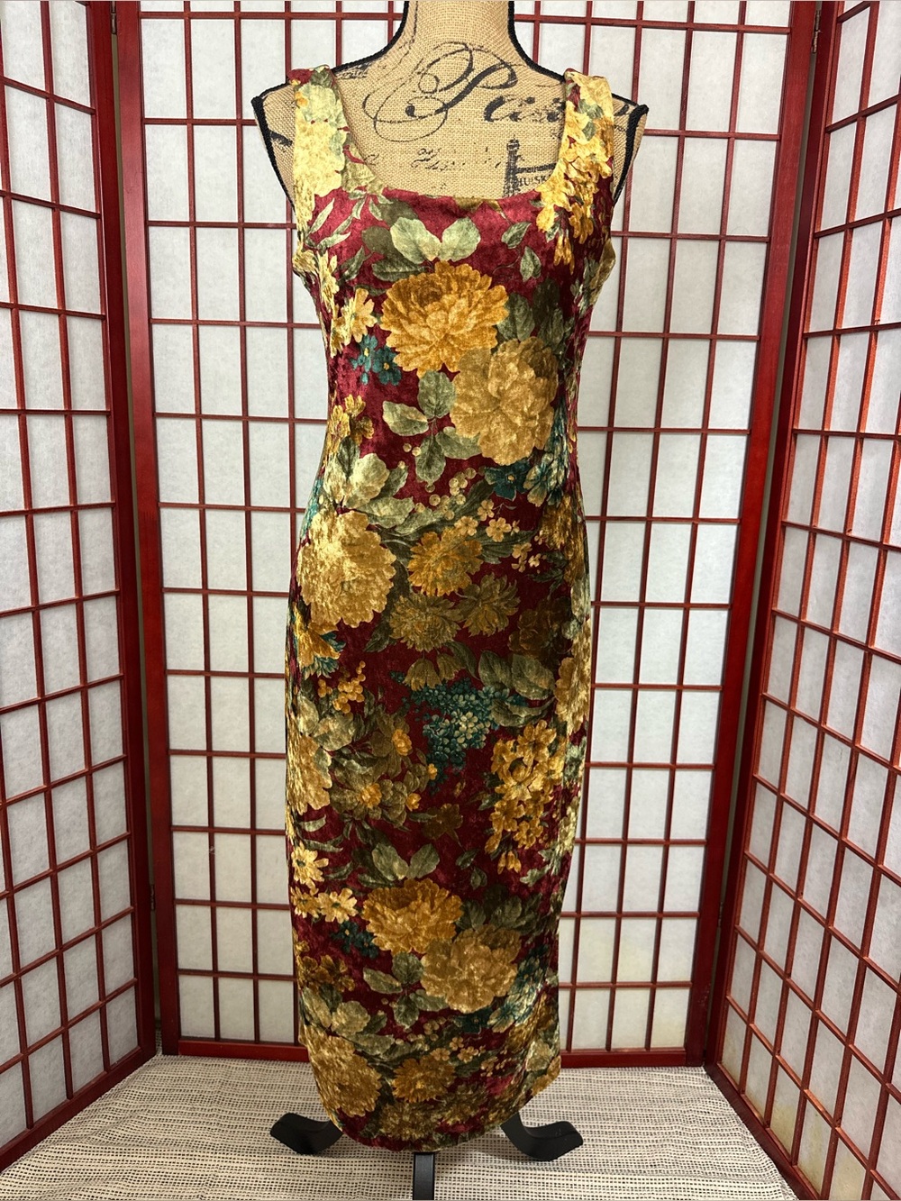 Vintage 90s Velvet Whimsigoth Floral Sleeveless Bodycon Maxi Dress
